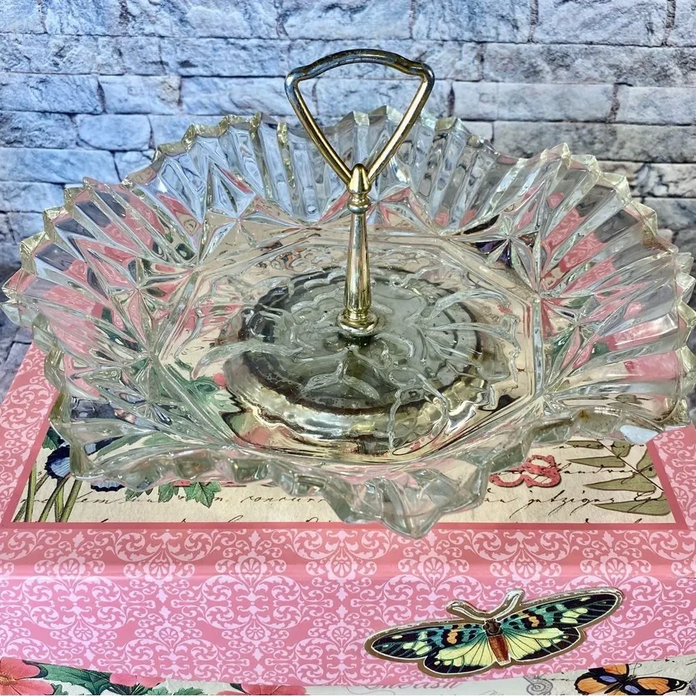 Glass Candy Dish Vtg Cut Glass Serving Dish Metal Handle Heavy Vintage Glassware